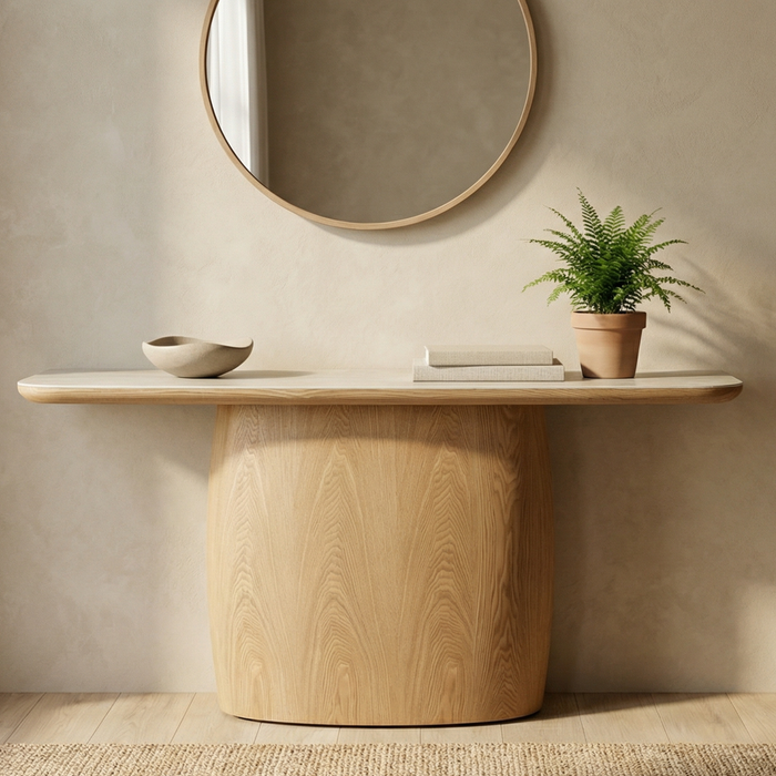 Braxton Console Table Ceramic Marble, Oak Base 160x45x76