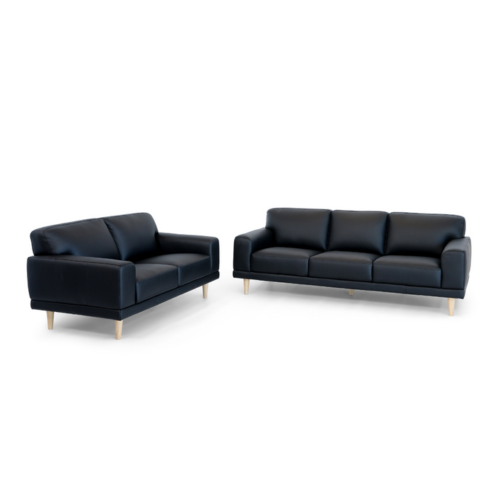 Hugo Leather 3 Seater Black / Timber Leg HS131
